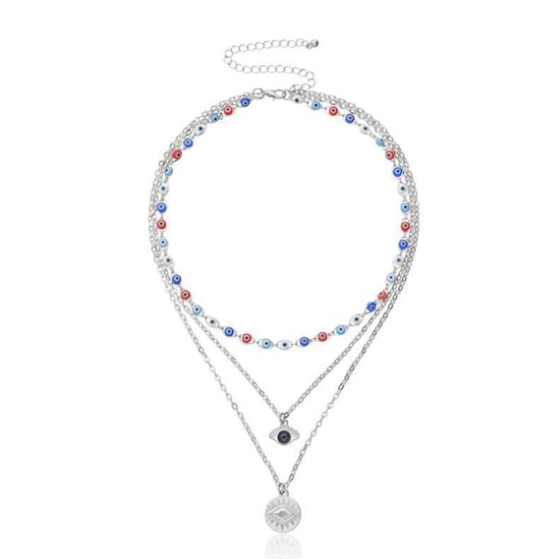 Silberne Modeschmuck Multilayer Halskette mit Choker und Fatima Auge Anhänger 