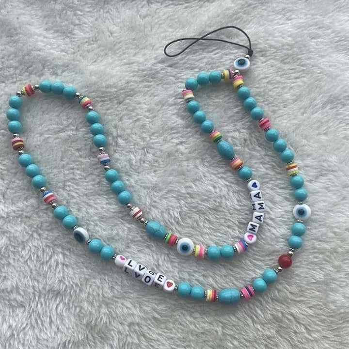 Türkis Blaue Perlen Handykette mit Fatima Auge Perlen und Love Mama Buchstaben Perlen 
