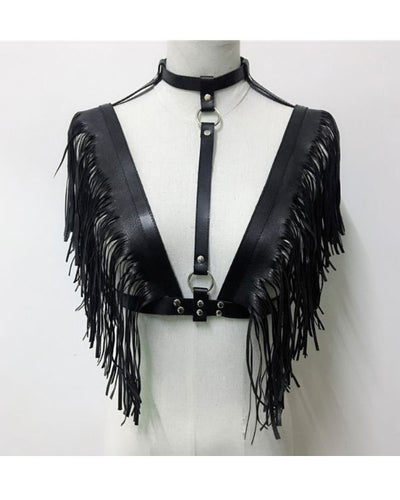 Schwarzer Kunstleder Fransen Harness mit Choker und Fransen über die Schultern 