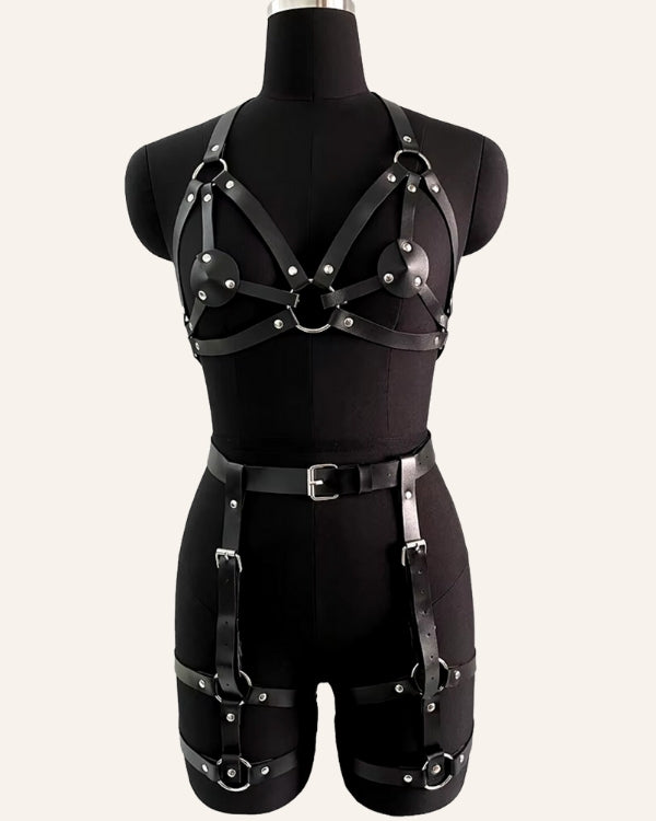 schwarzes Körpergürtel Set - Fetisch Harness Kinky Look aus Oberteil und Beingürtel Schnallen 