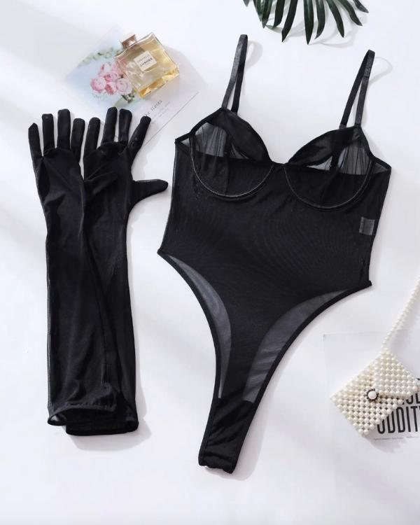 Schwarzer, transparenter Bodysuit mit High-Waist Schnitt und Handschuhen