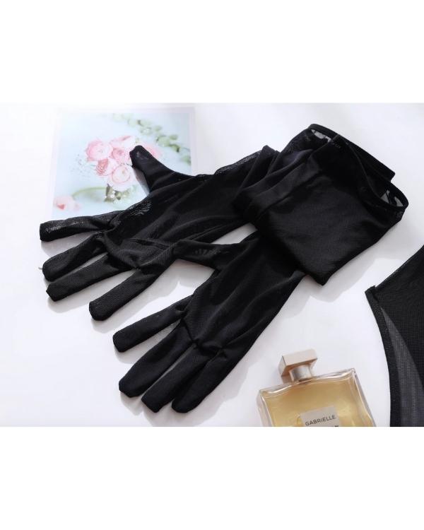 handschuhe lang schwarz transparent Mesh-Bodysuit Elisha mit High-Waist & Elegante Lange Handschuh