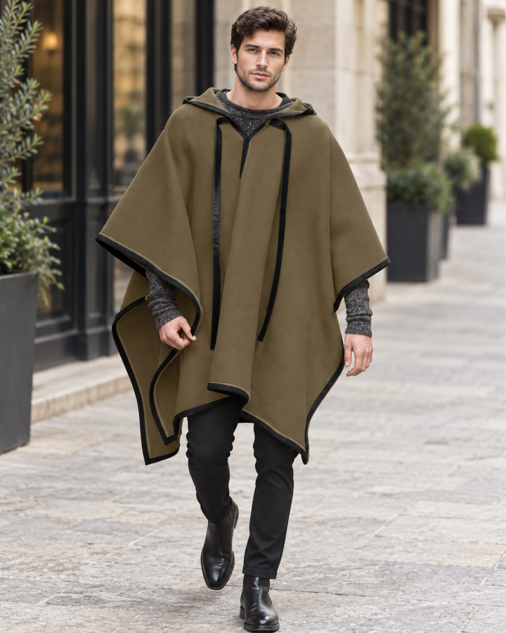 Herren-Kapuzenponcho Highlander in Olivgrün mit schwarzen Kanten