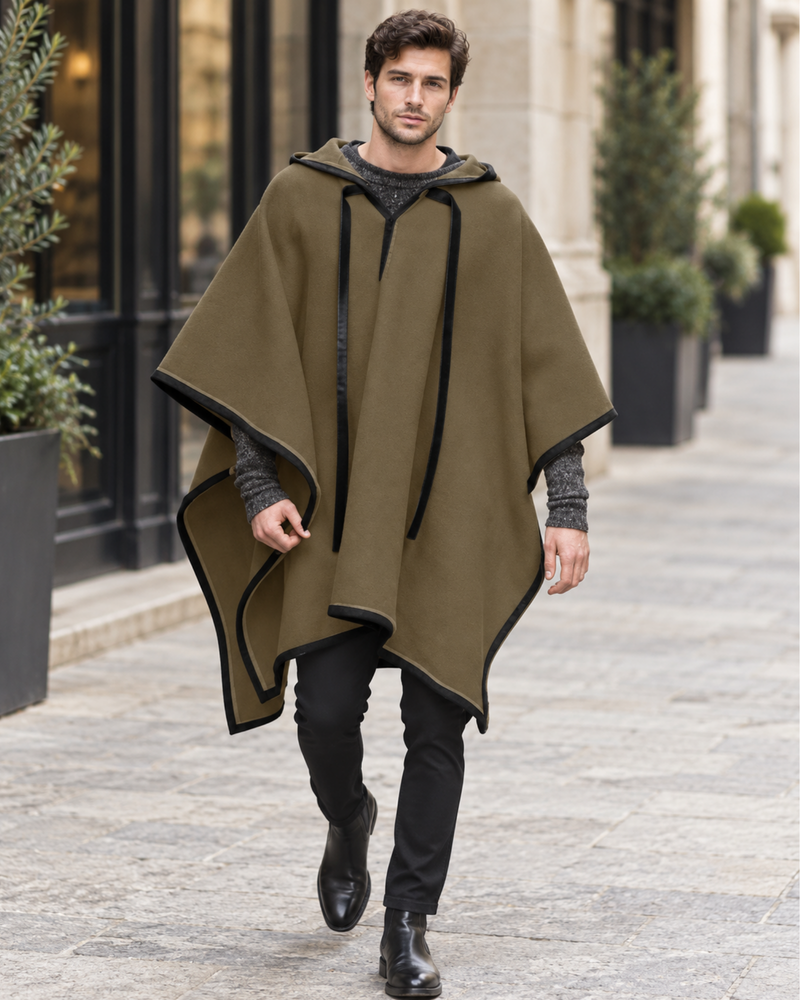 Herren-Kapuzenponcho Highlander in Olivgrün mit schwarzen Kanten
