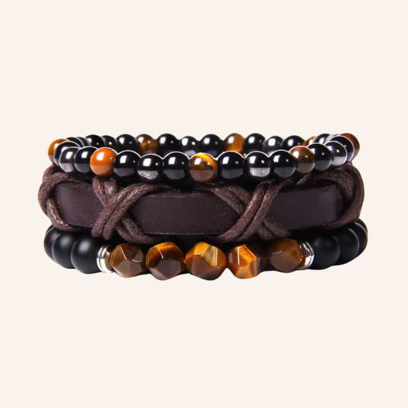 Herren Armband Set aus 3 diversen Armbändern - Perlen Tigerauge Armband und Kunstleder 
