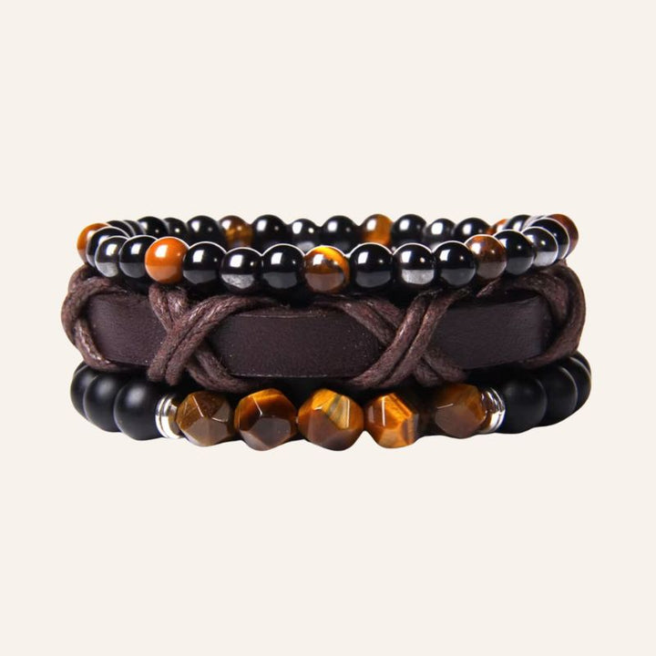 Herren Armband Set aus 3 diversen Armbändern - Perlen Tigerauge Armband und Kunstleder 