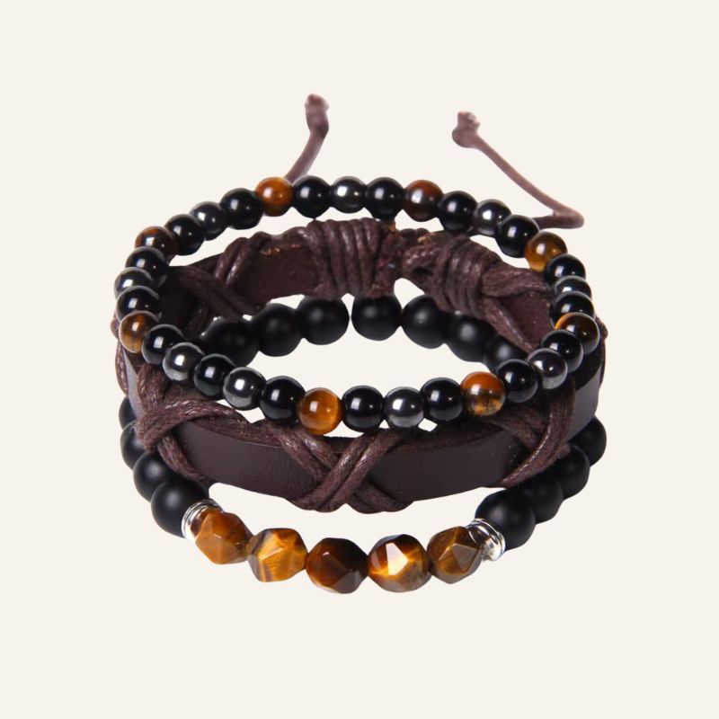 Kunstleder Armband mit Perlen Onyx und Tigerauge gemischt 
