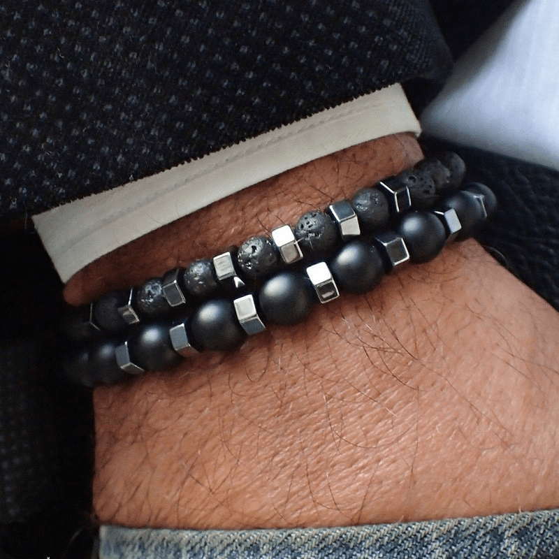 schwarzes Männer Herren Perlen Armband Set aus zwei diversen Armbändern 