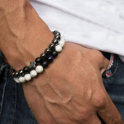 Stylisches Herren Armband-Set mit Onyx-Steinen in Silber und Weiss