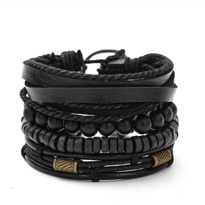 Stillvolles Herren Armband Set aus diversen Armbändern mit Holzperlen und Kunstleder Bändern 