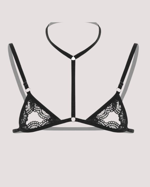schwarzer Spitzen Cut-Out Männer BH mit Träger um den Hals