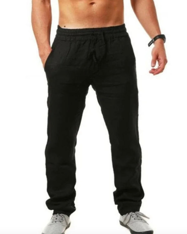 schwarze Herren Baumwolle Hose mit elastischem Bund - Lange Männer Hose aus Baumwolle Leinen 