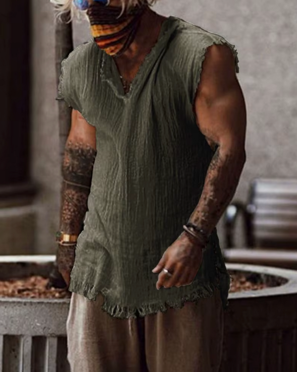 Grünes Herren Boho Musselin Shirt ärmellos und mit Fransen - Herren Boho Look online bestellen 