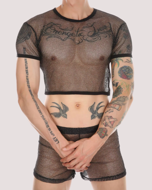 Zweiteiler Herren Set aus Netz Mesh Stoff - Kinky Fetisch Look aus Crop Top Shirt und Boxershorts 