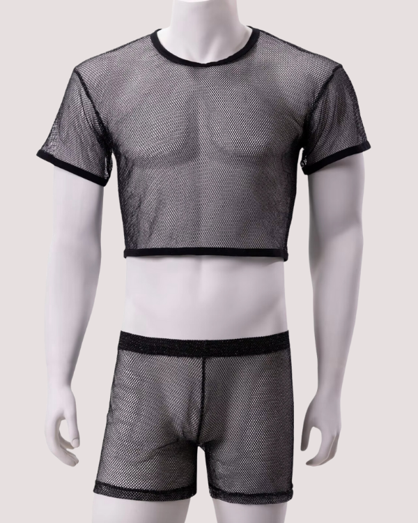 Herren Zweiteiler Set aus Netz Mesh Stoff - T-Shirt Oberteil und passende Boxershorts dazu 
