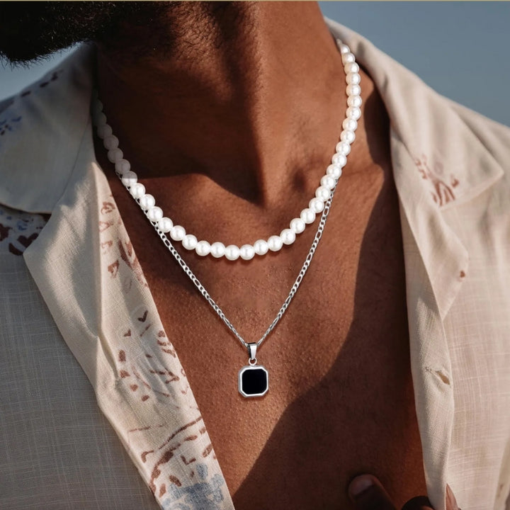 Herren Schmuck Halsketten Set aus 2 diversen Ketten - Perlenkette und silberne Gliederkette mit Anhänger 