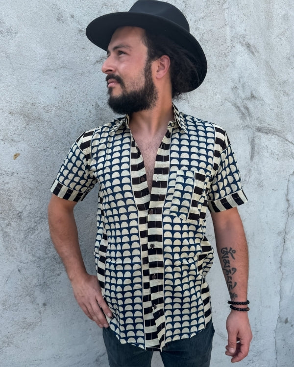 Baumwolle Herren Bluse Hemd im Boho Ethno Style in blau schwarz 
