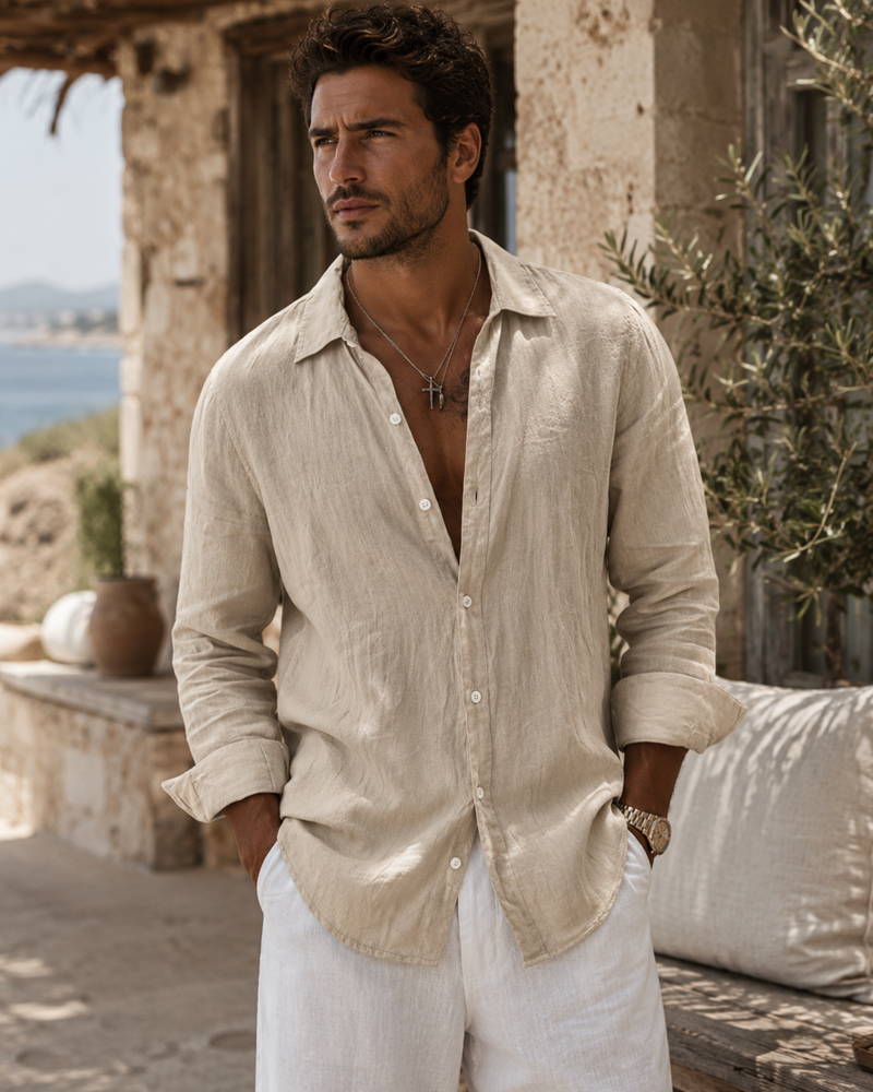 Herren Leinenhemd im Boho Stil | Beiges Männer Sommerhemd 