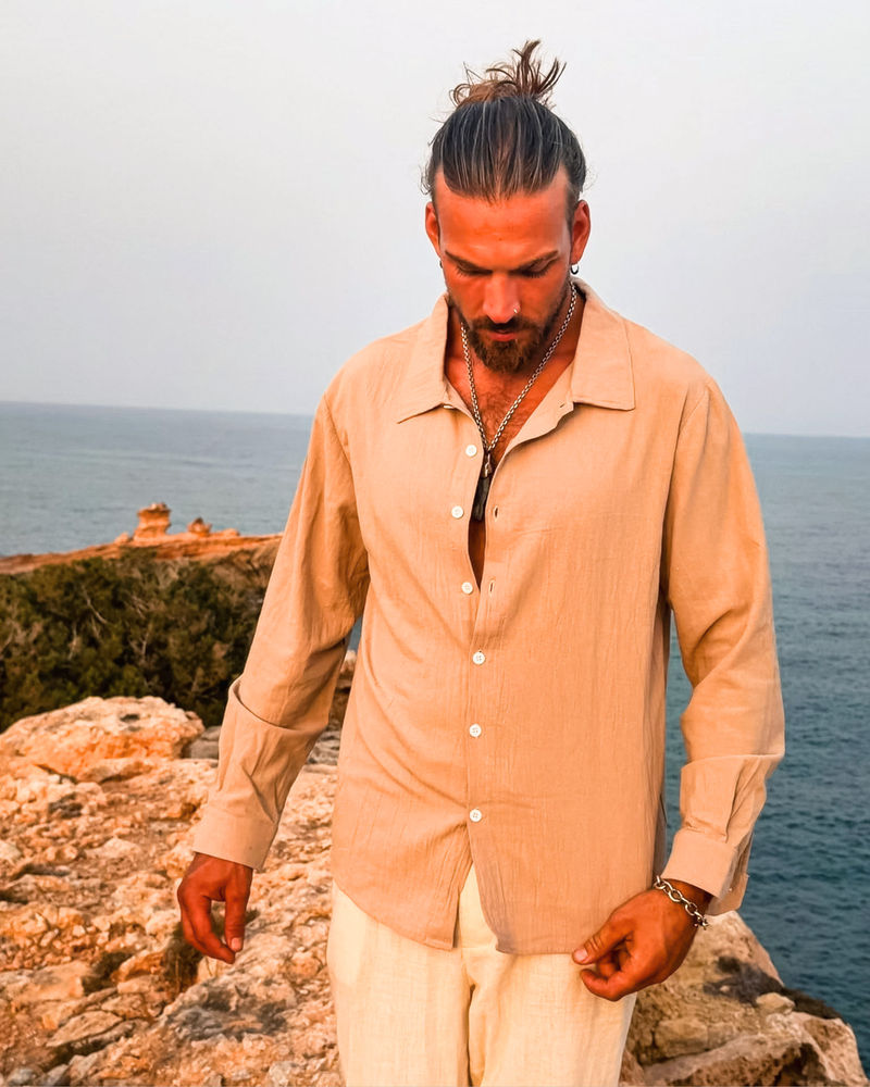 Boho Männer Look langarm Leinen Hemd 