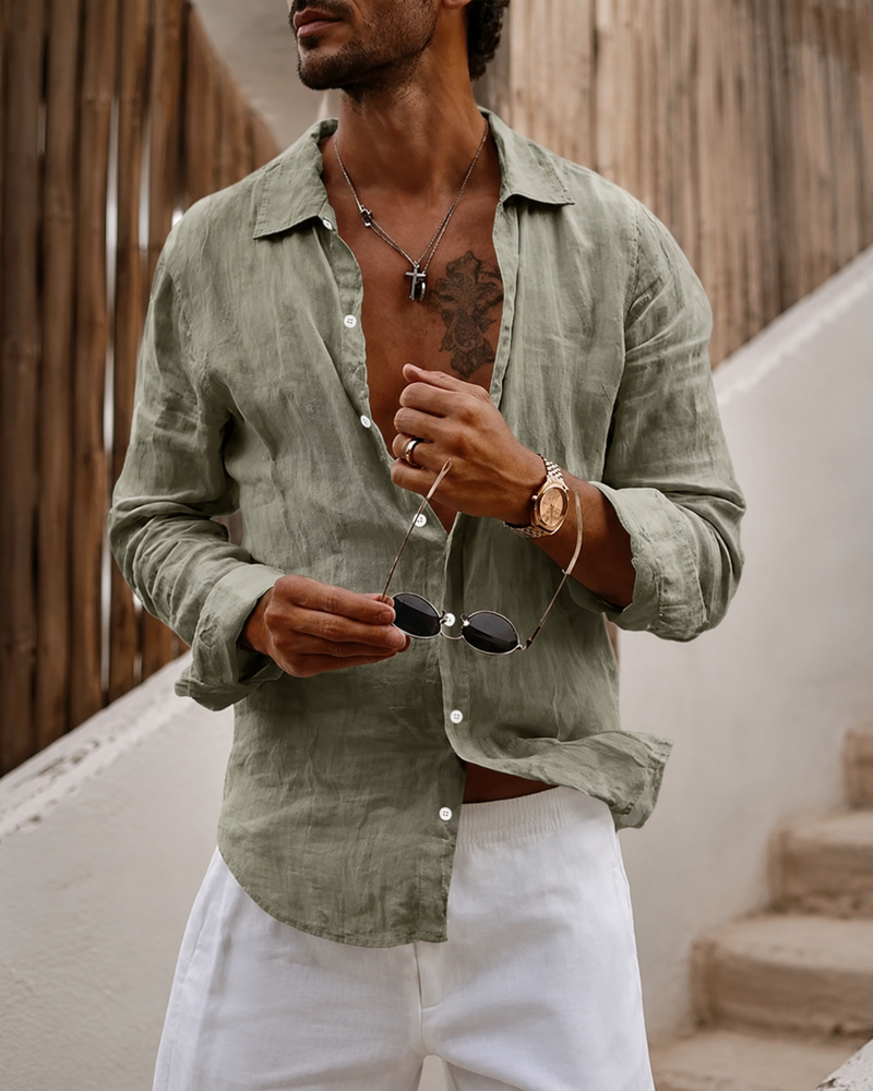 Gruenes langarm Hemd aus Linen | Herren Boho Hemd langarm Shirt 