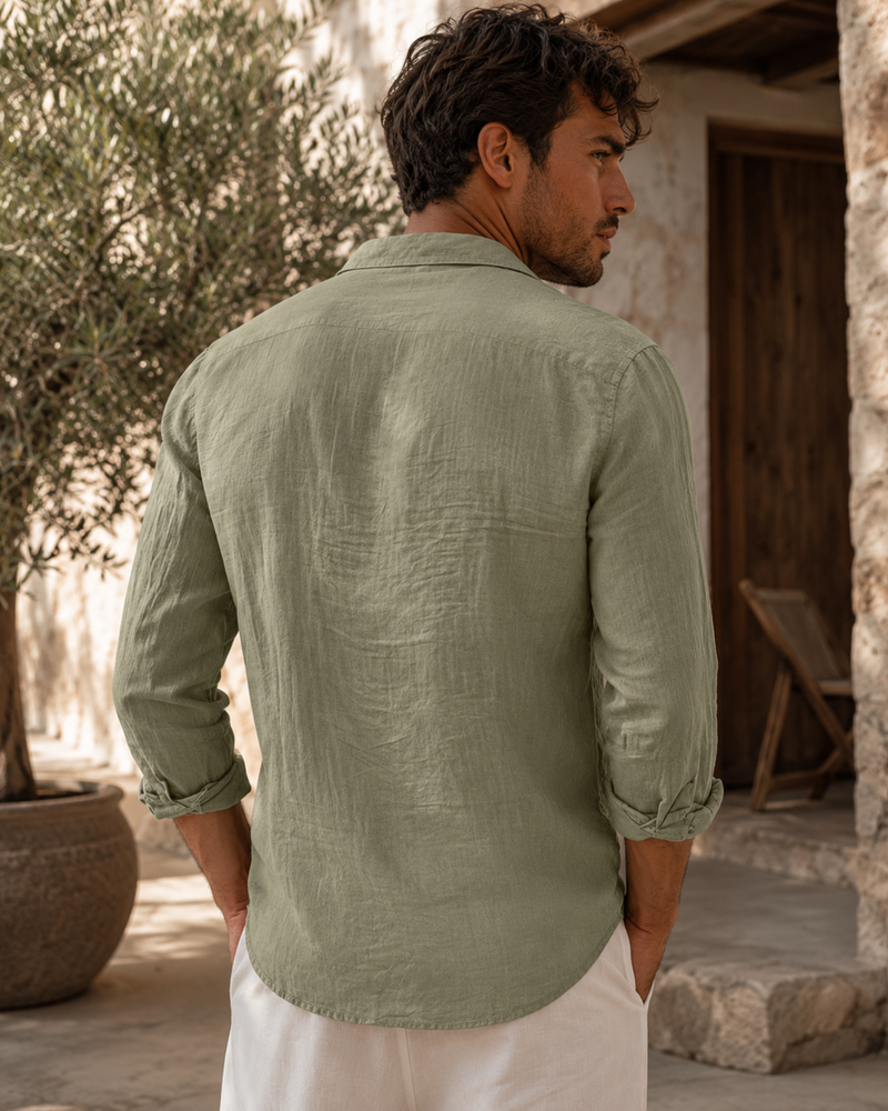 Grünes Herren Oberteil langarm aus Linen | Angenehmes Männer Shirt 