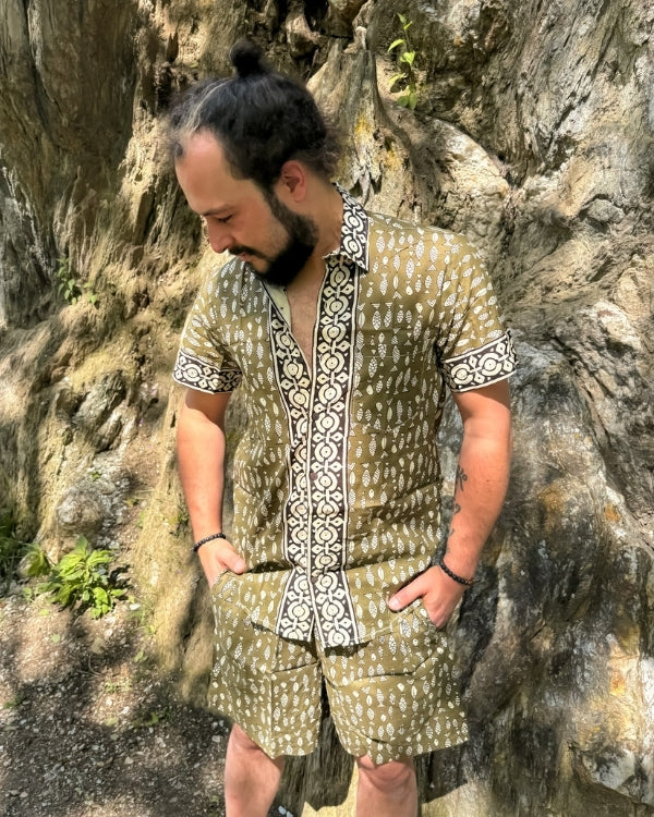 Baumwolle Zweiteiler Set aus Hose und Bluse mit Fisch Muster - Boho Herren Mode online bestellen