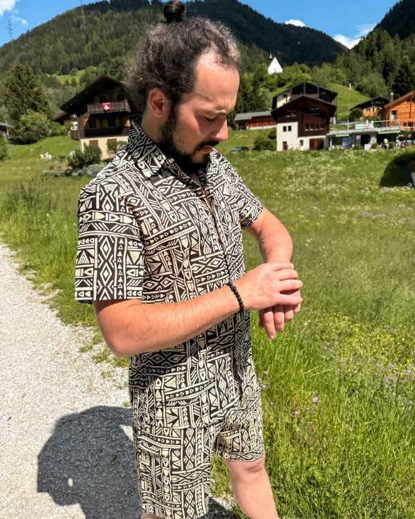 Boho Herren Set aus Baumwolle mit Ethno Muster in schwarz-creme 