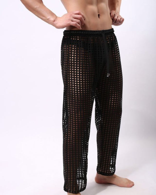 schwarze lange Herren Hose aus Netzstoff und mit Bund zum binden - Kinky Festival Herren Hose 