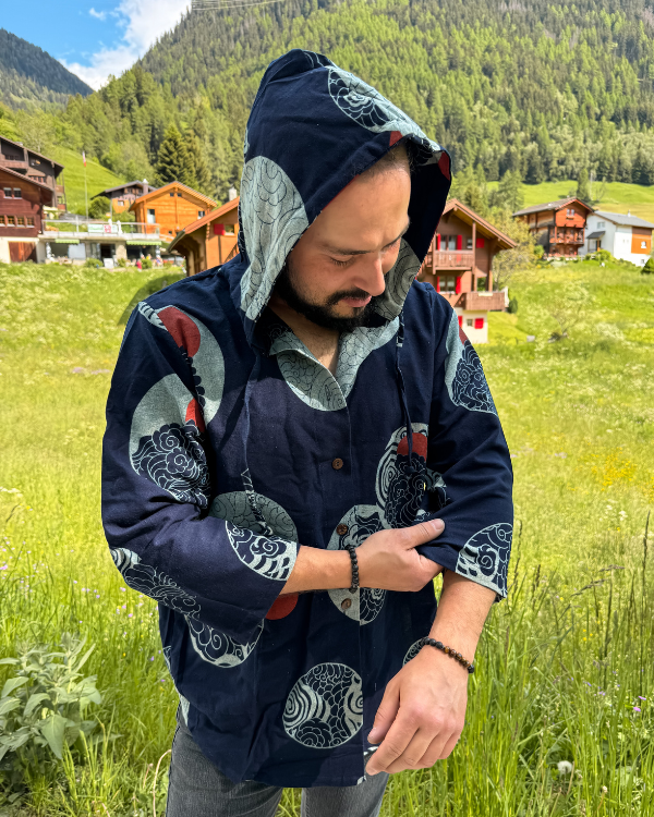 Männer Jacke Sommer blau Kapuze Baumwolle | Boho Bekleidung Herren 