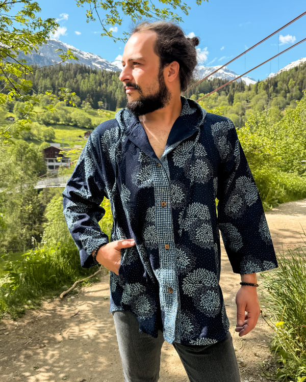 Boho Hippie Baumwolljacke Herren Blumen Männer Kapuze