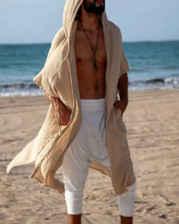 Spiritueller Männerstyle mit Kapuzen-Cape - Herren Kimono Boho Look in beige 