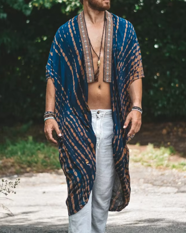 Herren Boho Kimono in blau-braun mit Batik Tribal Muster 