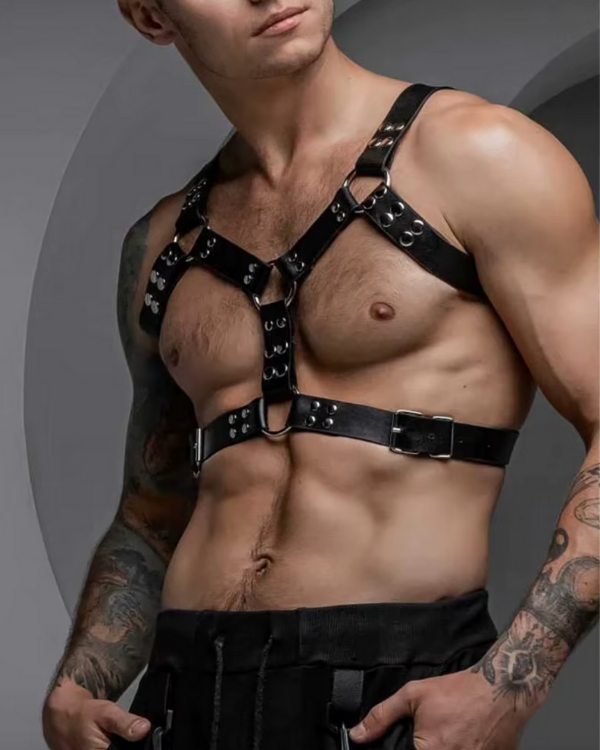 Männer Körpergeschirr Harness aus schwarzem Leder mit Bauchgurt