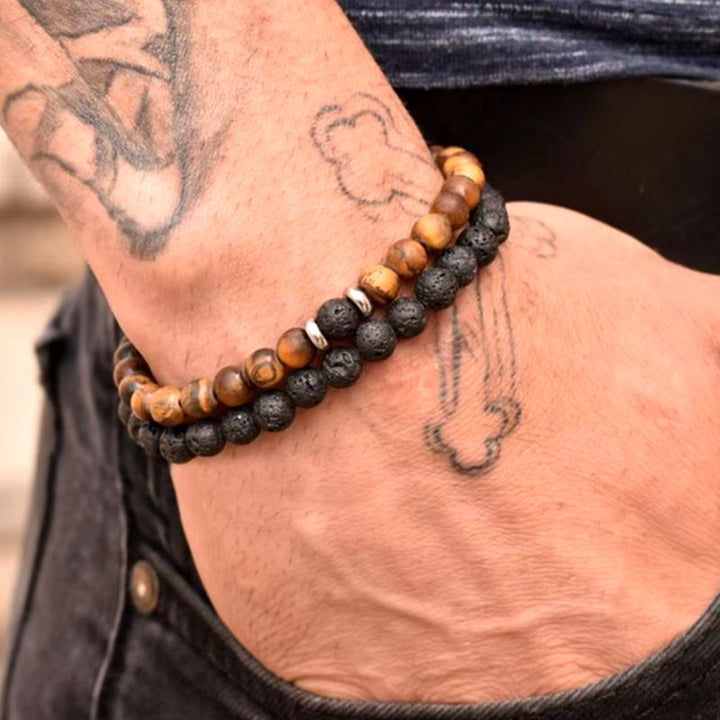 Stylisches Männer Armband Set aus Vulkanstein in schwarz und Perlen in braun 