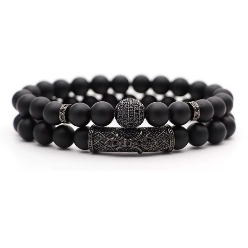 Stillvolles und elegantes Herren Armband Set aus schwarzen Perlen und silbernen Details 