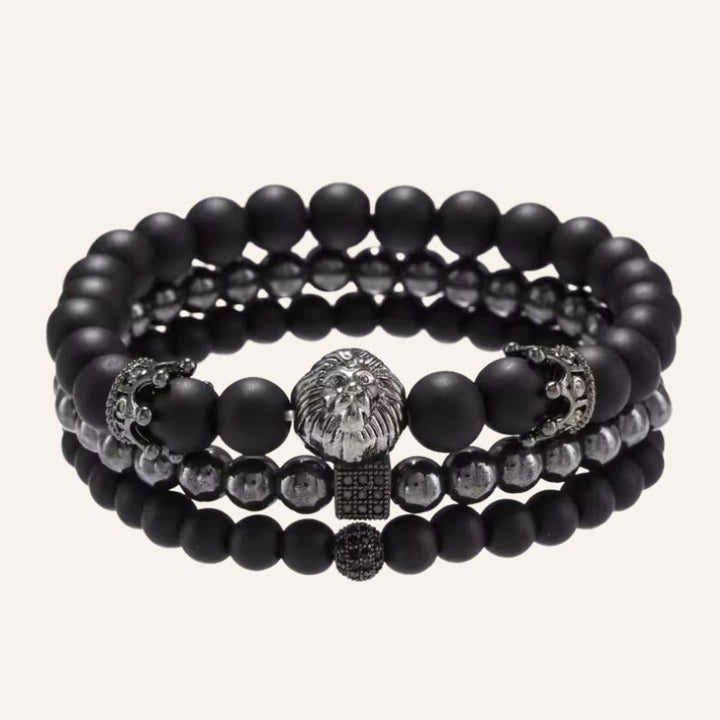 Herren Armband aus Mineralstein Perlen - Set aus 3 Armbändern, mit Löwen Kopf und Kronen Symbol