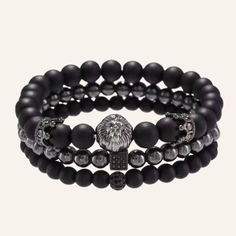 Herren Armband aus Mineralstein Perlen - Set aus 3 Armbändern, mit Löwen Kopf und Kronen Symbol