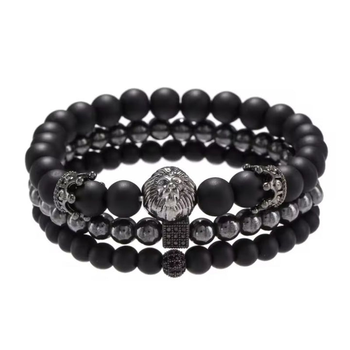 Herren 3er Set Armband aus schwarzen und silbernen Perlen mit Löwenkopf Symbol