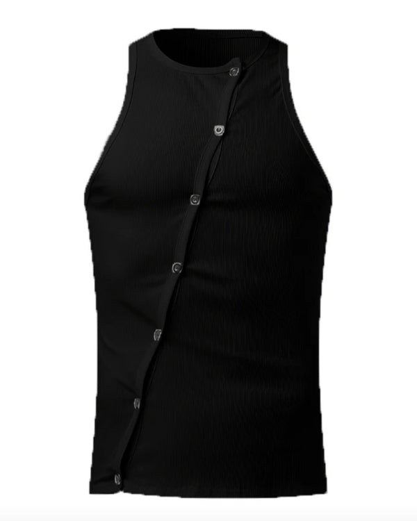 schwarzes Männer Tank Top mit Cut-Outs und Knöpfen und ohne Ärmel 
