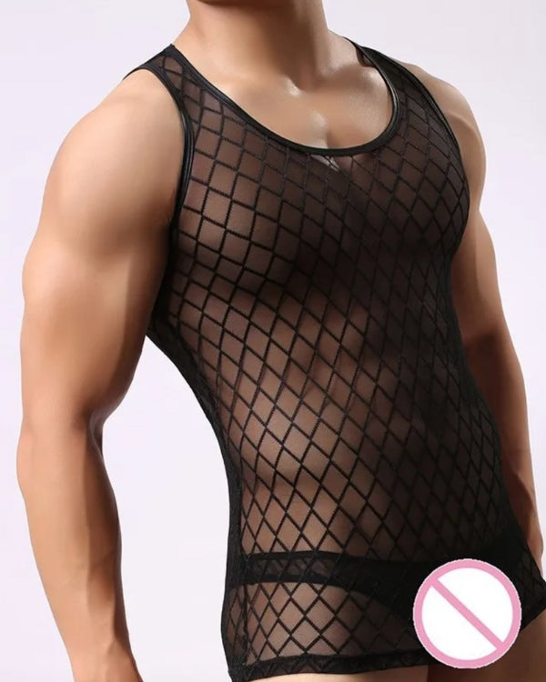 Herren Tank Top aus transparentem Mesh Stoff mit Muster 