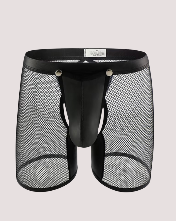 schwarze Herren Mesh Boxershorts mit Kunstleder Details 