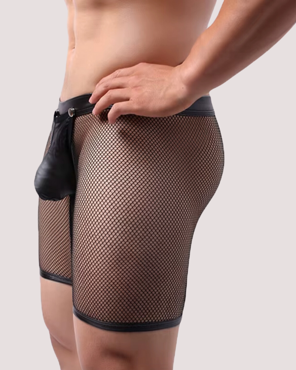 schwarze Netz Boxershorts aus Mesh Stoff mit Kunstleder Details 