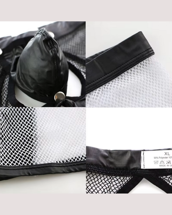 schwarze Kunstleder Netz Mesh Boxershorts mit Kunstleder Detail auf der Vorderseite 