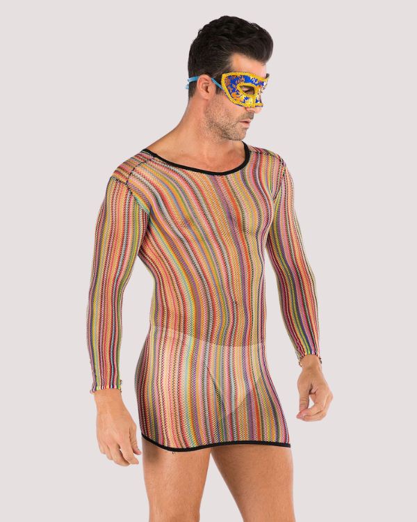langarm Gay Herren Mesh Shirt mit farbigen Streifen 