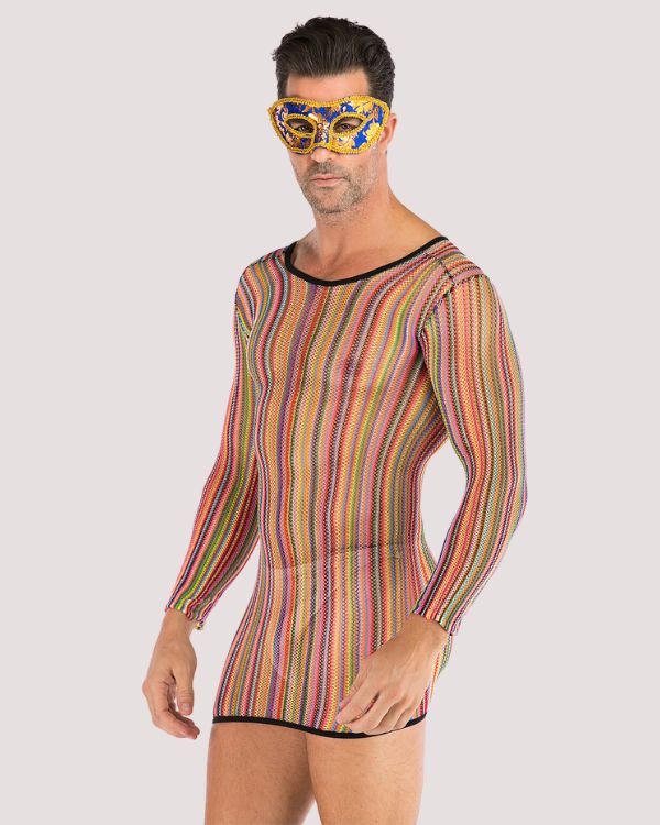 transparentes Herren Fetisch langarm Shirt mit farbigen Streifen 