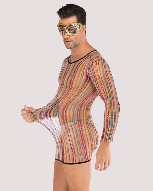 Kinky Gay Look Herren Mesh Shirt mit farbigen Streifen und langarm 