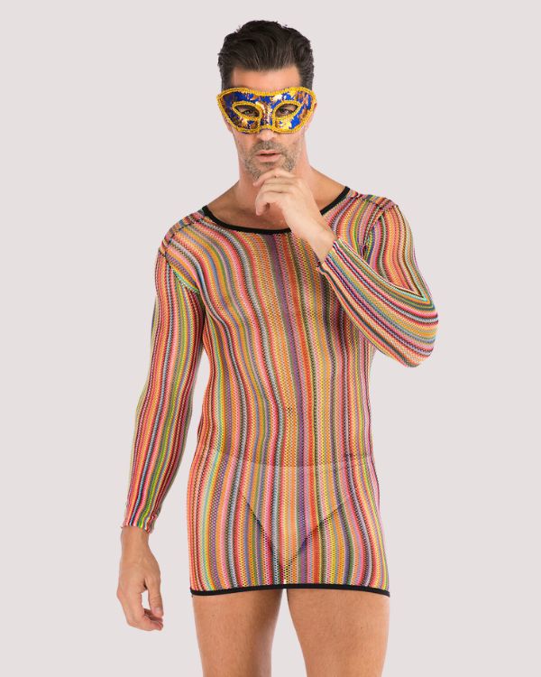 langarm Mesh Shirt mit farbigen Streifen - Gay Fetisch Look 