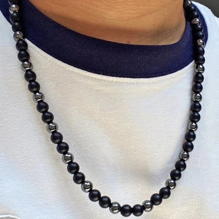 schwarze Herren Halskette aus schwarzen Mineralstein Perlen - Stillvoller Männer Halskette 