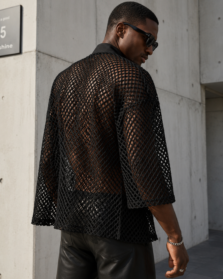 Transparenter Herren Kimono Schwarz | Netz Shirt Hemd 