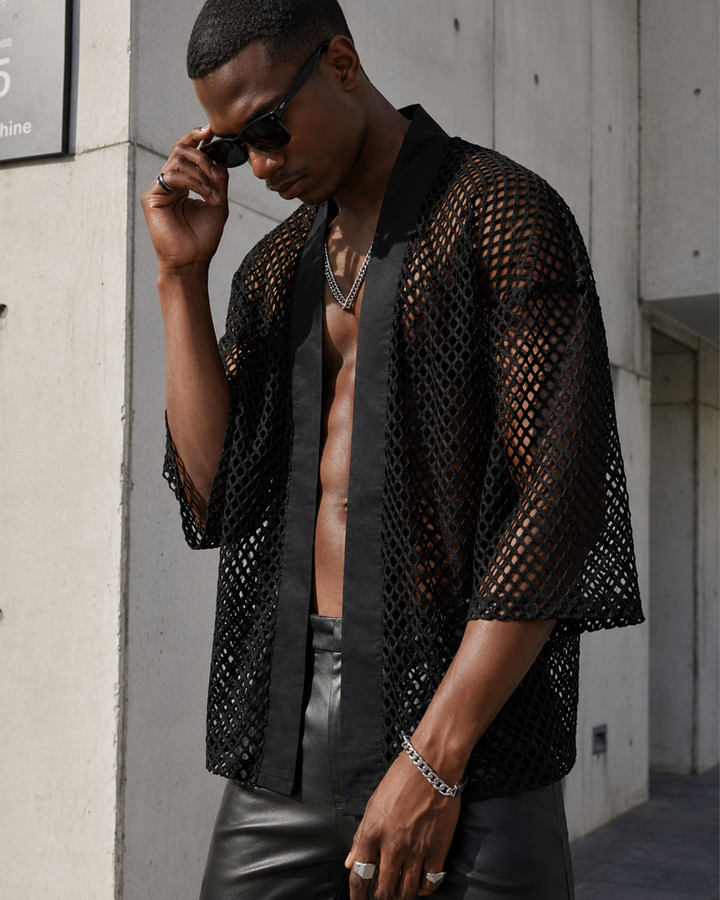 Offener Mesh Cardigan Hemd Herren | Schwarzes Netzoberteil 